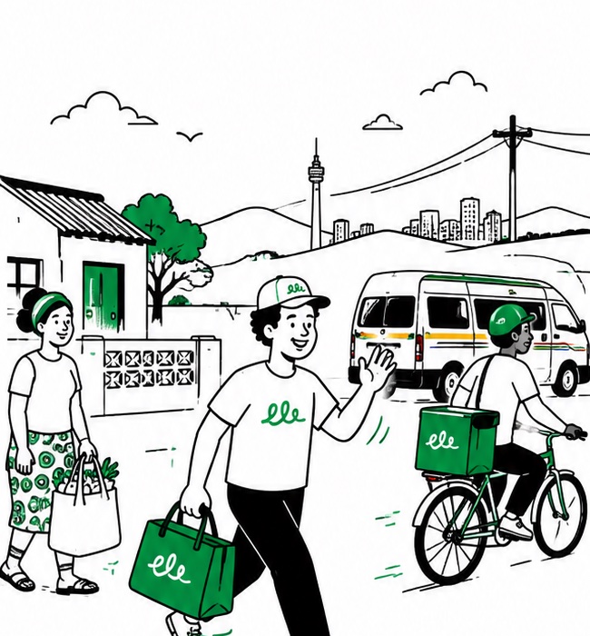 A Mzala runner walking through the neighbourhood with shopping bags while another rides a bicycle